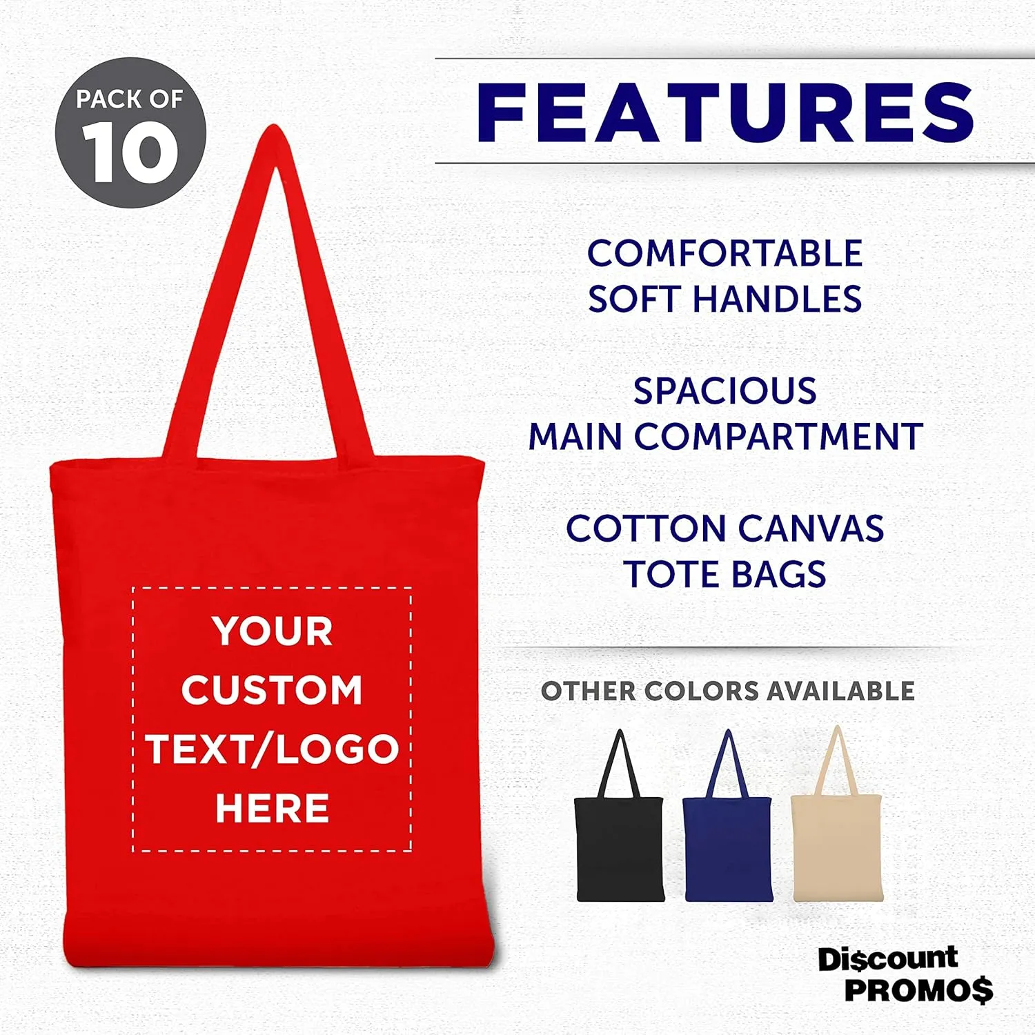 DISCOUNT PROMOS Custom Cotton Canvas Tote Bags Set of 10, Personalized Bulk Pack - Reusable, Great for Shopping, Grocery, Beach, Picnic, Wedding Favors - Red