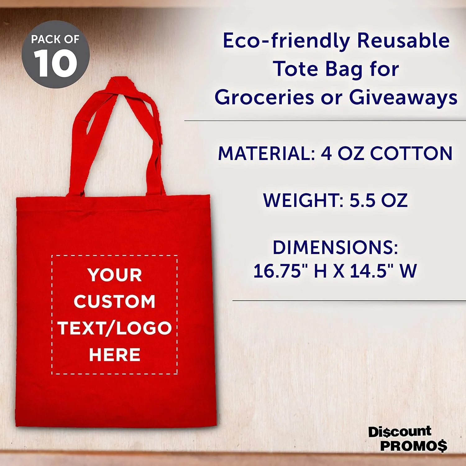 DISCOUNT PROMOS Custom Cotton Canvas Tote Bags Set of 10, Personalized Bulk Pack - Reusable, Great for Shopping, Grocery, Beach, Picnic, Wedding Favors - Red