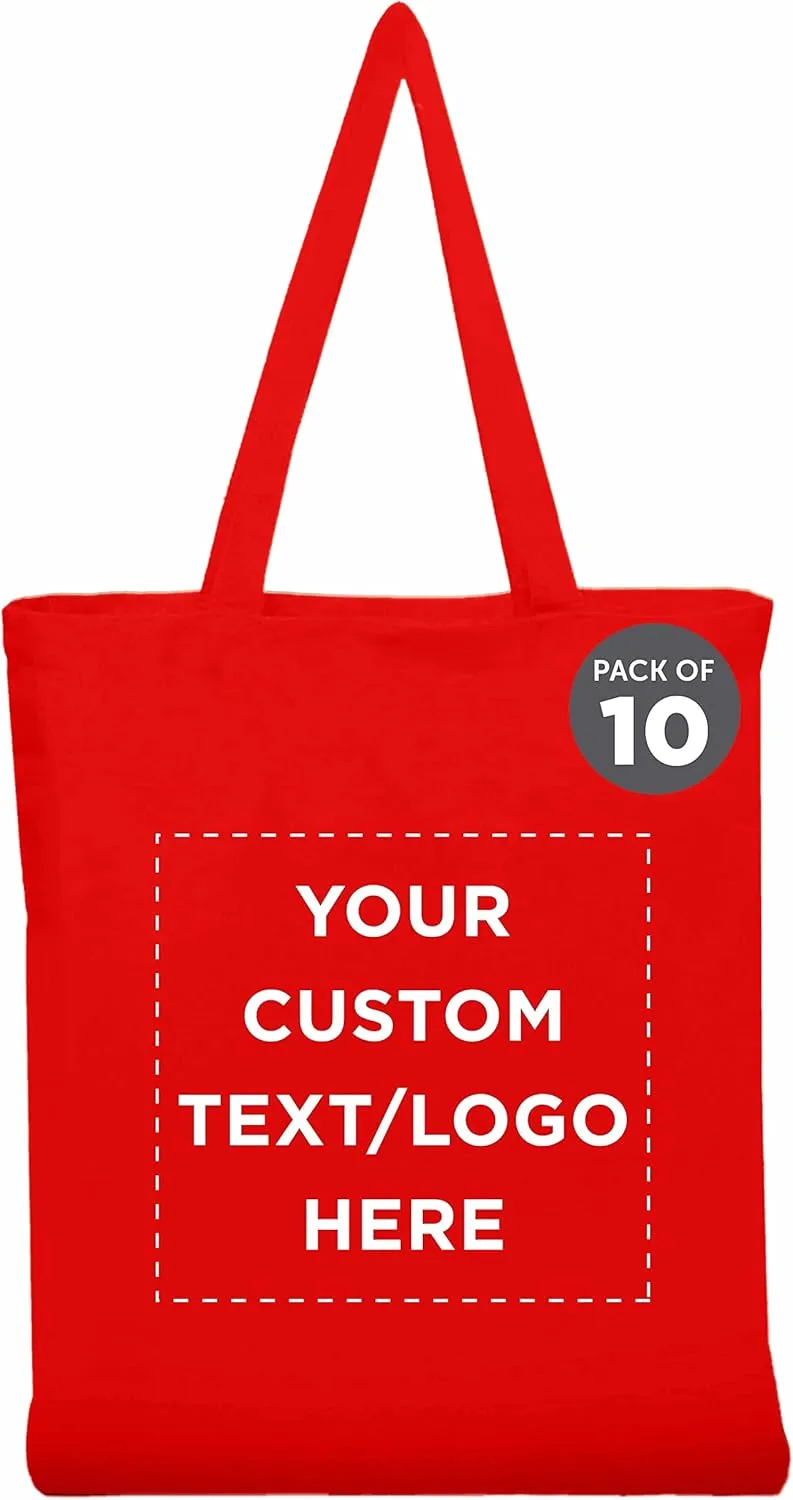 DISCOUNT PROMOS Custom Cotton Canvas Tote Bags Set of 10, Personalized Bulk Pack - Reusable, Great for Shopping, Grocery, Beach, Picnic, Wedding Favors - Red