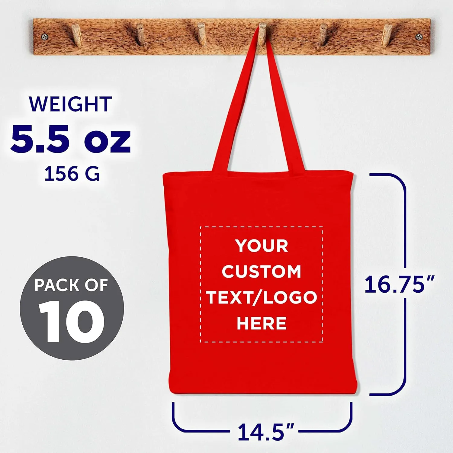 DISCOUNT PROMOS Custom Cotton Canvas Tote Bags Set of 10, Personalized Bulk Pack - Reusable, Great for Shopping, Grocery, Beach, Picnic, Wedding Favors - Red