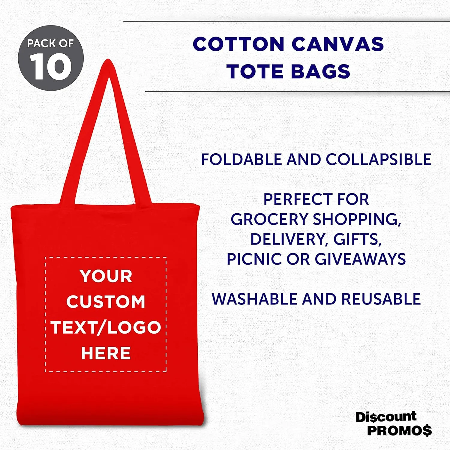 DISCOUNT PROMOS Custom Cotton Canvas Tote Bags Set of 10, Personalized Bulk Pack - Reusable, Great for Shopping, Grocery, Beach, Picnic, Wedding Favors - Red