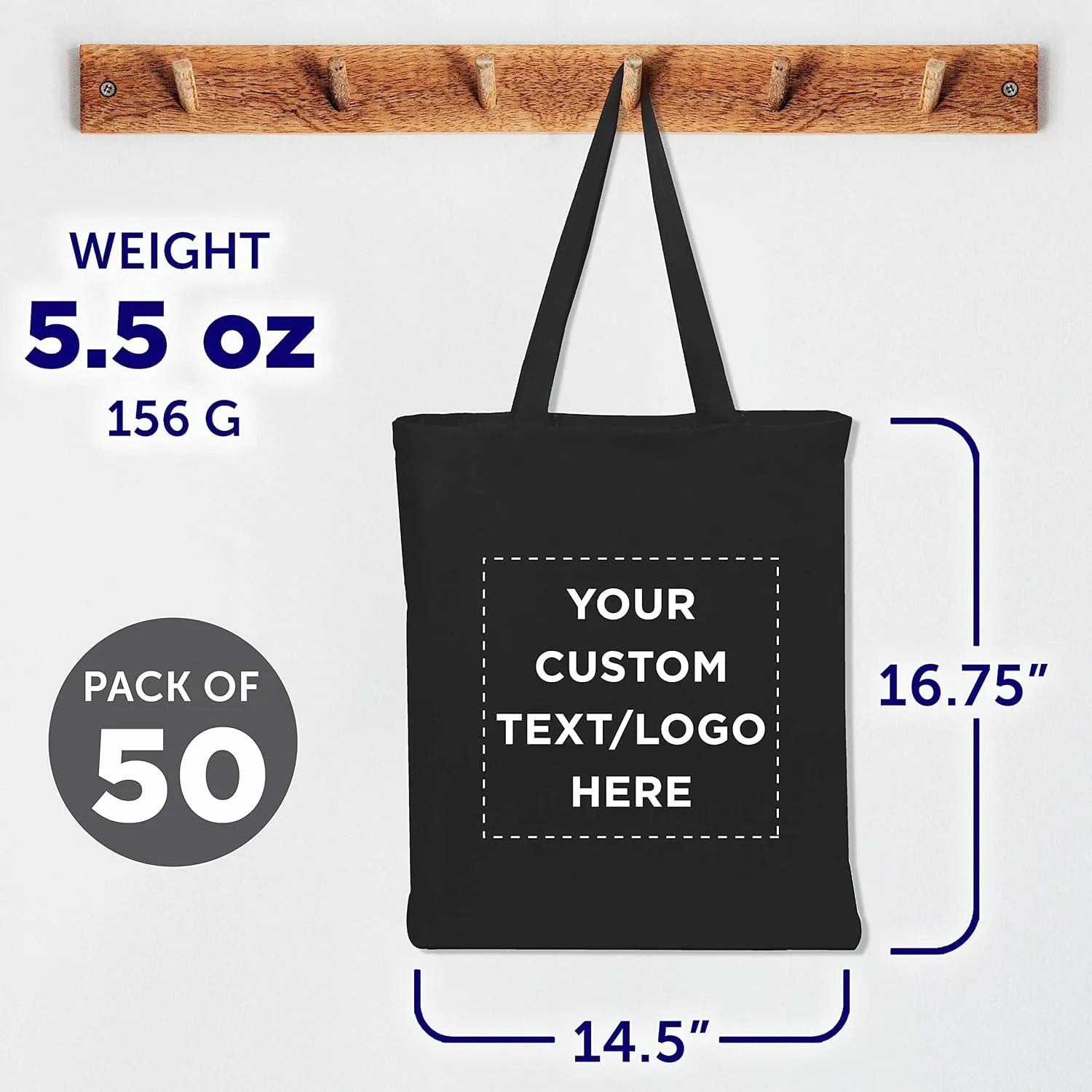 DISCOUNT PROMOS Custom Cotton Canvas Tote Bags Set of 50, Personalized Bulk Pack - Reusable, Great for Shopping, Grocery, Beach, Picnic, Wedding Favors - Black
