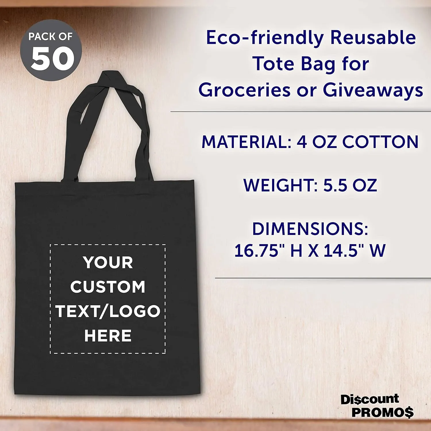DISCOUNT PROMOS Custom Cotton Canvas Tote Bags Set of 50, Personalized Bulk Pack - Reusable, Great for Shopping, Grocery, Beach, Picnic, Wedding Favors - Black