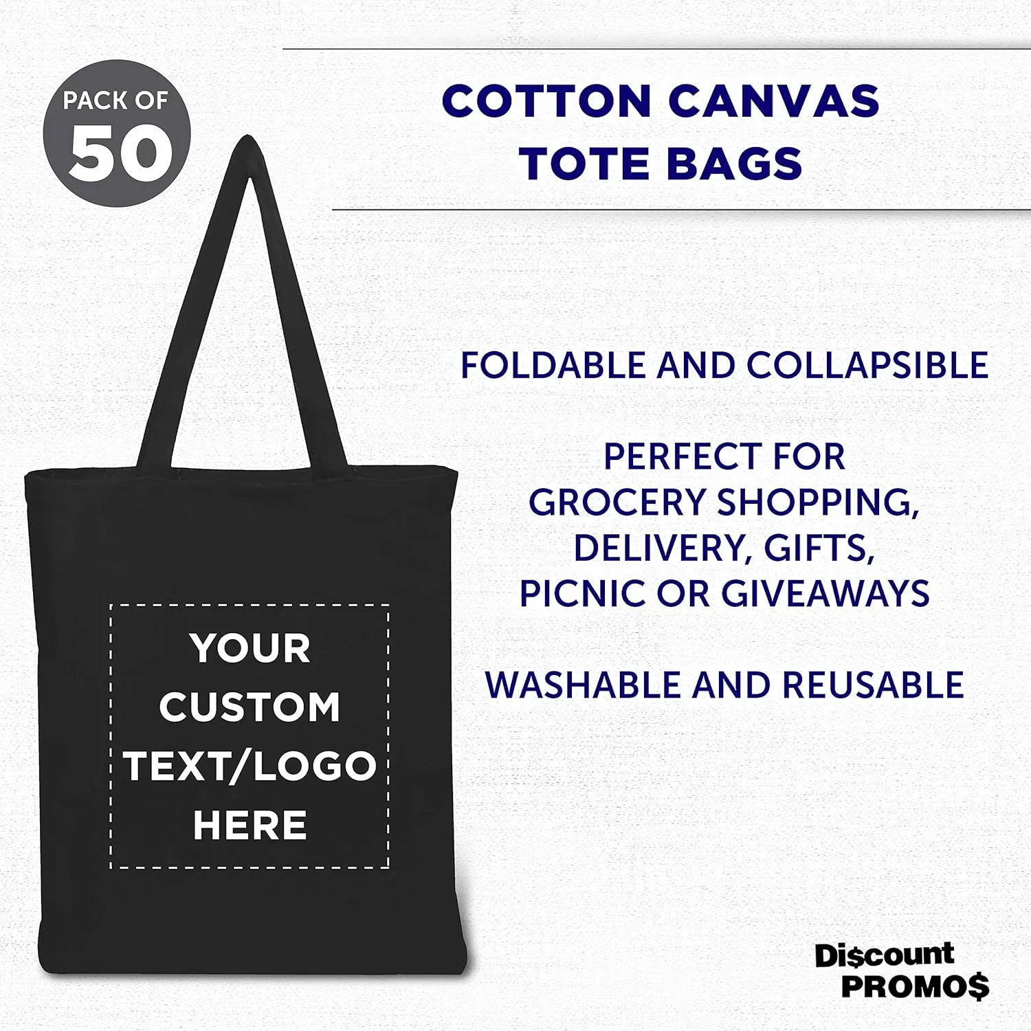 DISCOUNT PROMOS Custom Cotton Canvas Tote Bags Set of 50, Personalized Bulk Pack - Reusable, Great for Shopping, Grocery, Beach, Picnic, Wedding Favors - Black