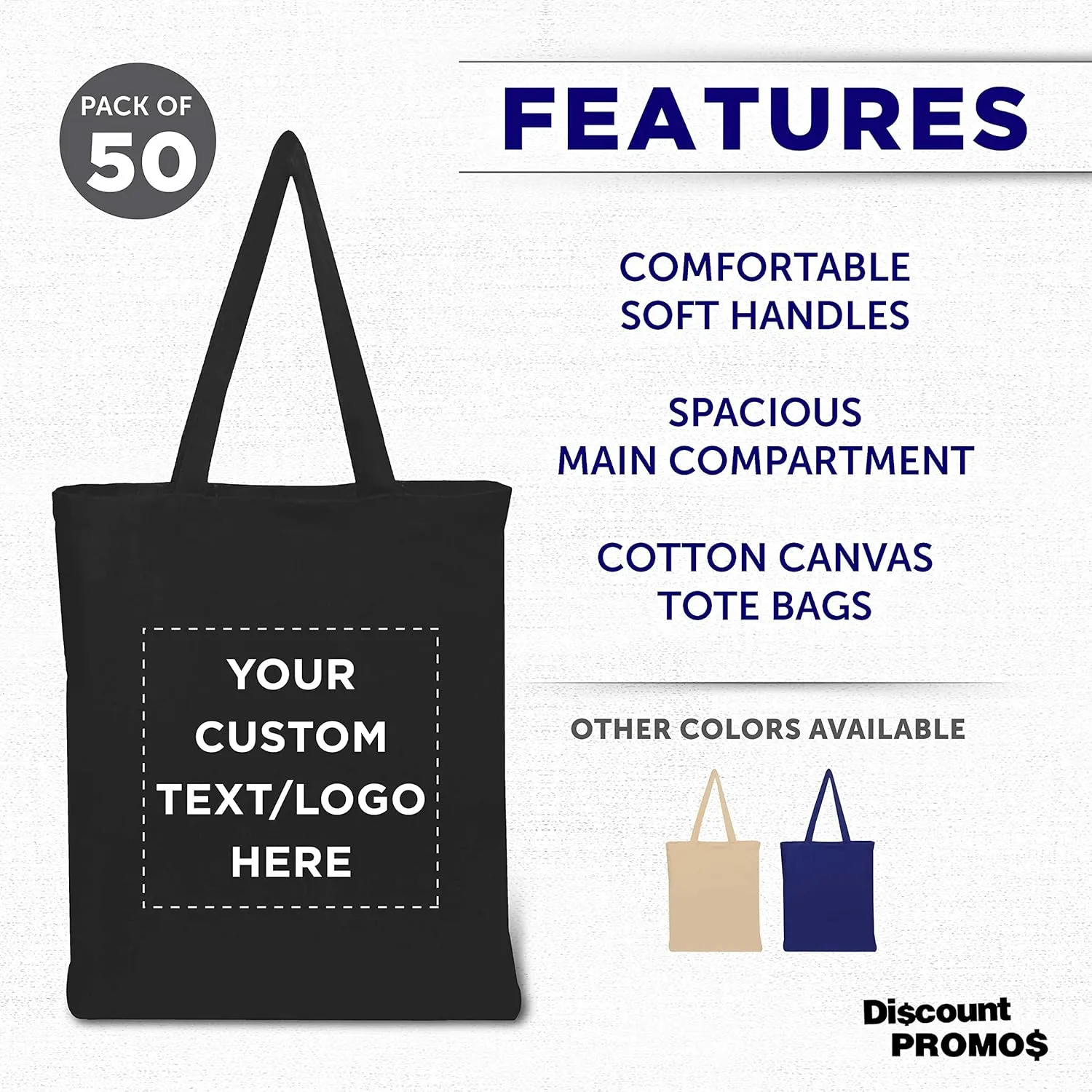 DISCOUNT PROMOS Custom Cotton Canvas Tote Bags Set of 50, Personalized Bulk Pack - Reusable, Great for Shopping, Grocery, Beach, Picnic, Wedding Favors - Black