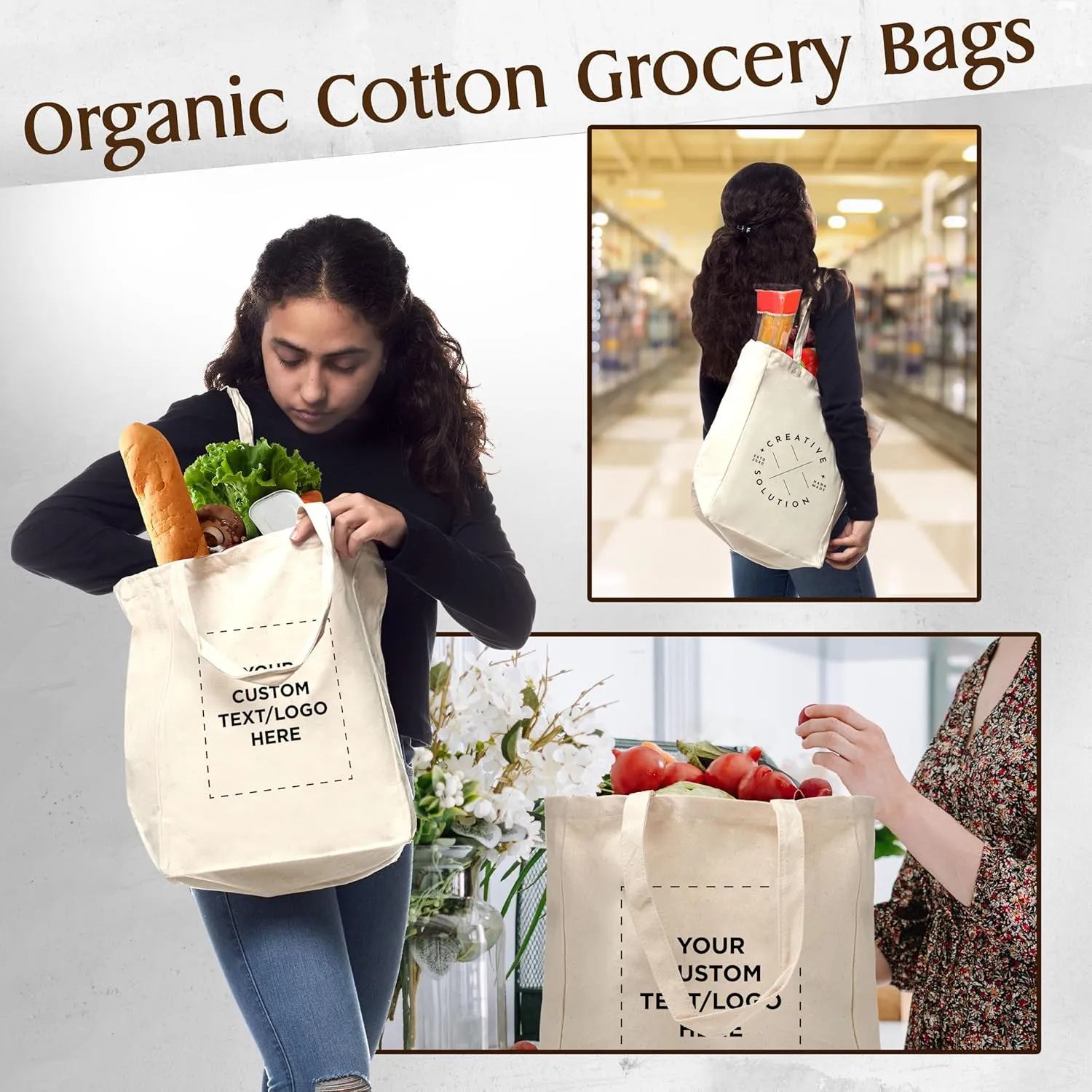 DISCOUNT PROMOS Custom Cotton Canvas Tote Bags (Set of 50) - Personalized, Reusable & Eco-Friendly - Perfect for Grocery, Promotions, Branding - Natural Color, 14.25"X15.5"X5", 10 OZ Cotton