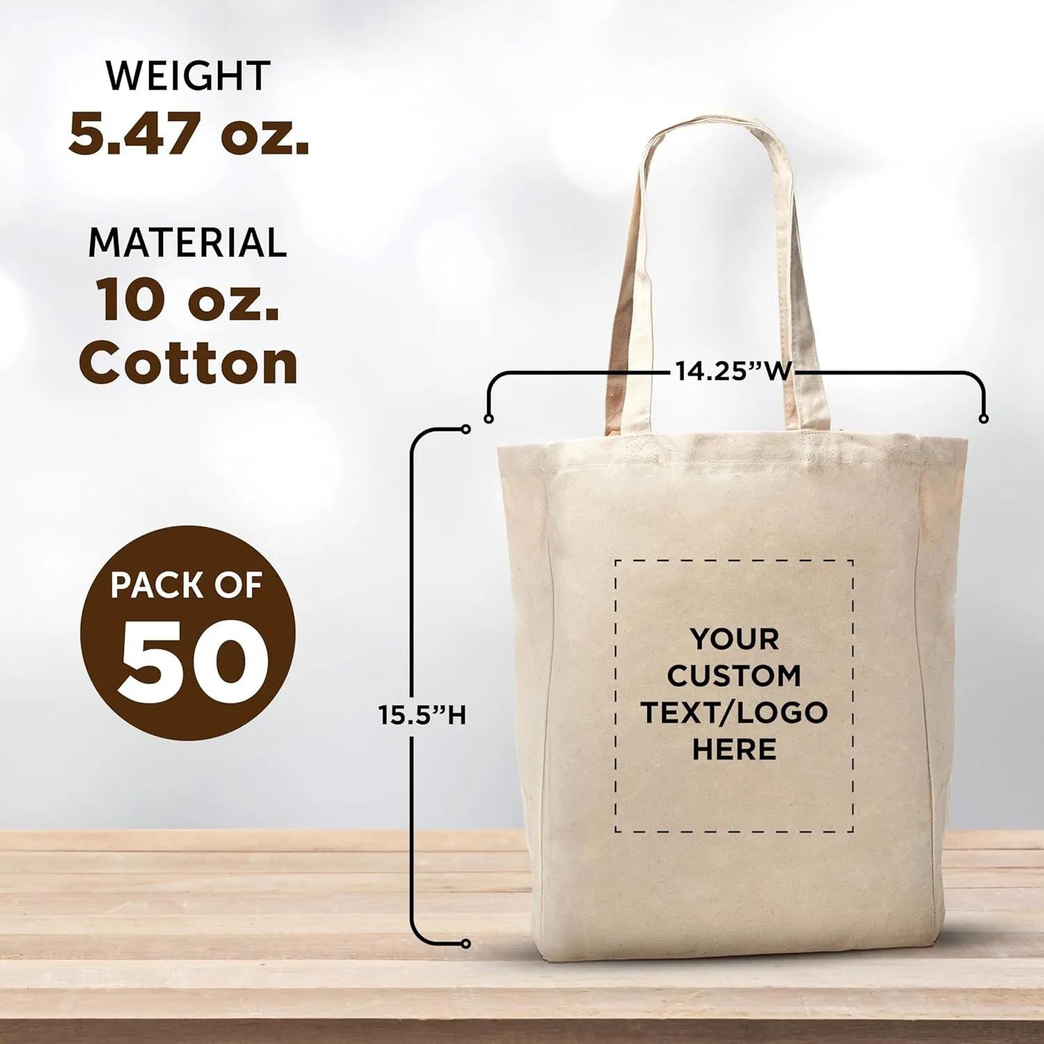 DISCOUNT PROMOS Custom Cotton Canvas Tote Bags (Set of 50) - Personalized, Reusable & Eco-Friendly - Perfect for Grocery, Promotions, Branding - Natural Color, 14.25"X15.5"X5", 10 OZ Cotton