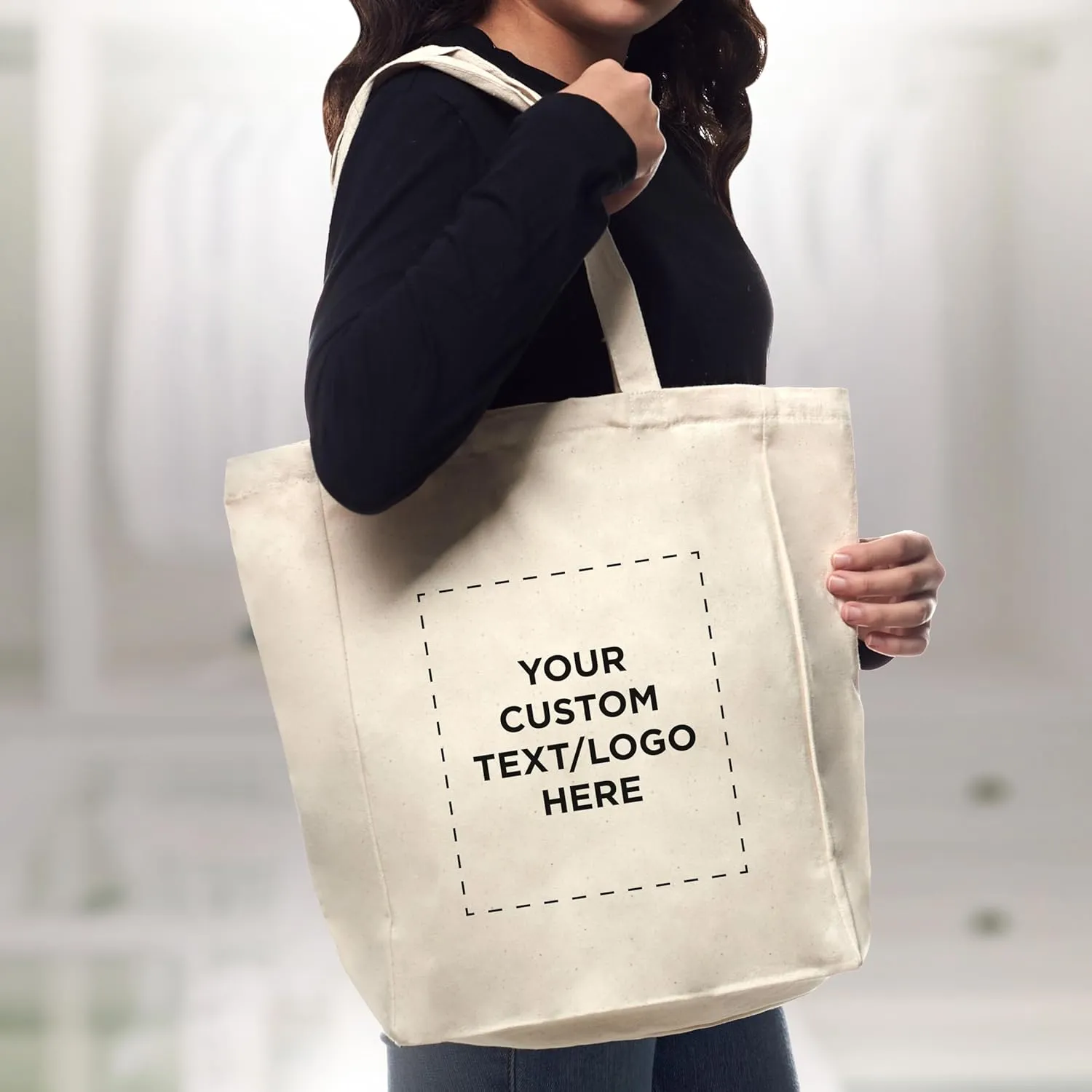 DISCOUNT PROMOS Custom Cotton Canvas Tote Bags (Set of 50) - Personalized, Reusable & Eco-Friendly - Perfect for Grocery, Promotions, Branding - Natural Color, 14.25"X15.5"X5", 10 OZ Cotton