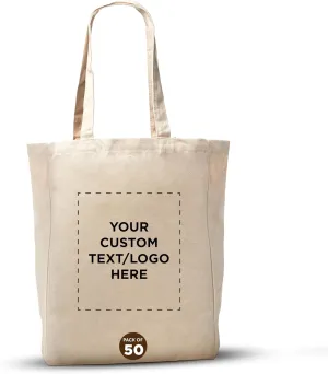 DISCOUNT PROMOS Custom Cotton Canvas Tote Bags (Set of 50) - Personalized, Reusable & Eco-Friendly - Perfect for Grocery, Promotions, Branding - Natural Color, 14.25"X15.5"X5", 10 OZ Cotton