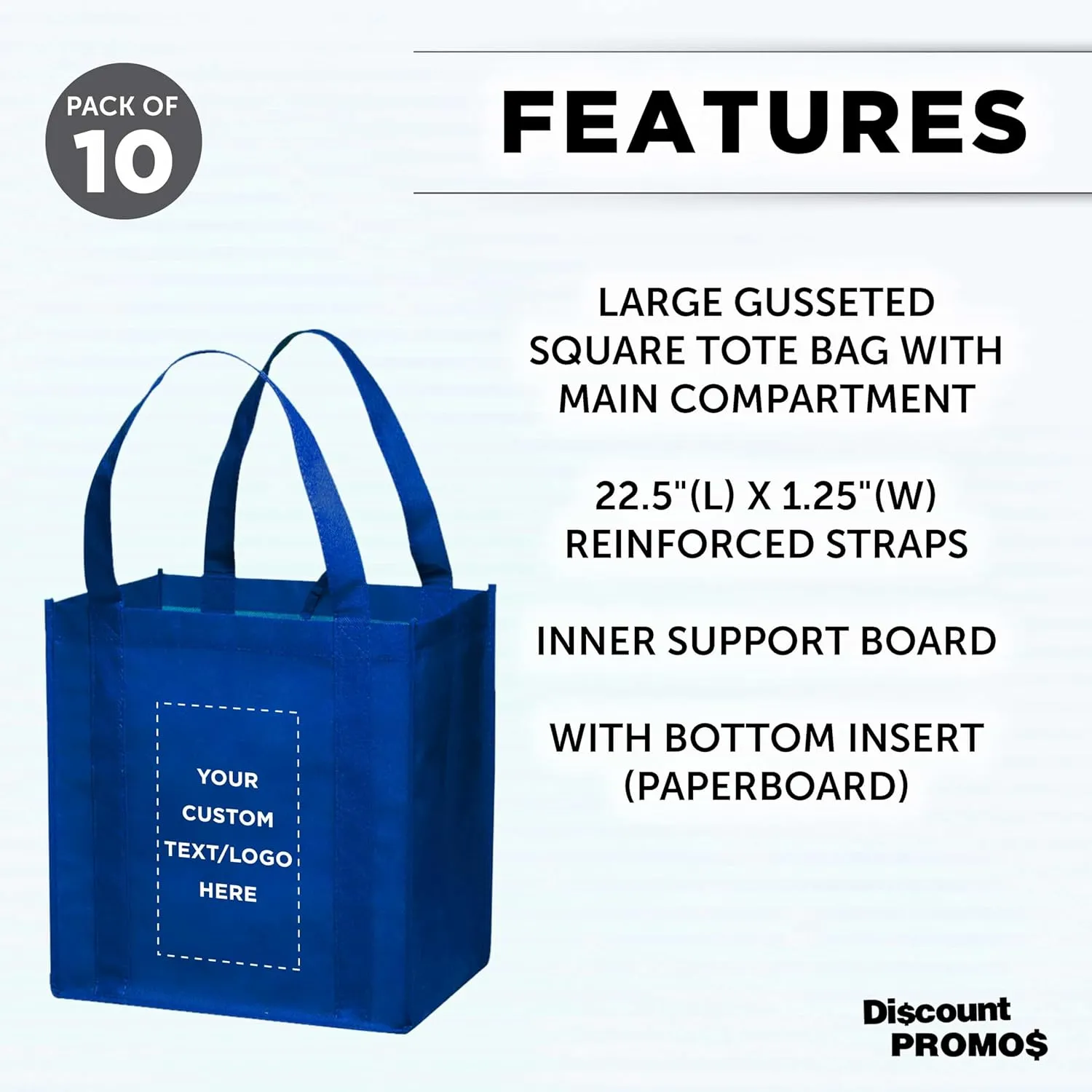 DISCOUNT PROMOS Custom Reusable Grocery Tote Bag for Shopping - 10 Pack - Personalized Logo, Text -Small Foldable Bags  Blue - 12.625"X13"X8.75"