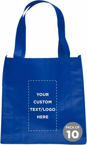 DISCOUNT PROMOS Custom Reusable Grocery Tote Bag for Shopping - 10 Pack - Personalized Logo, Text -Small Foldable Bags  Blue - 12.625"X13"X8.75"