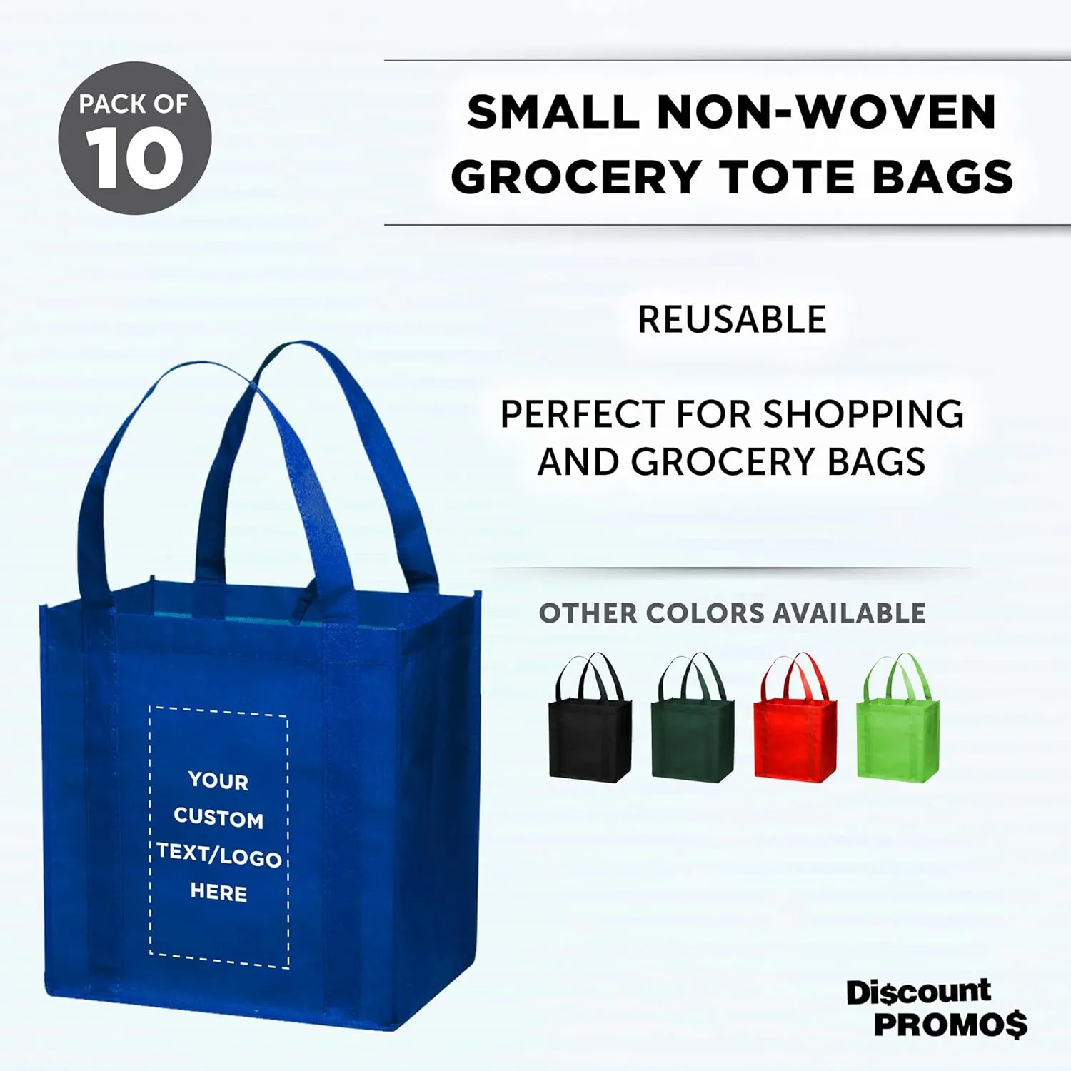DISCOUNT PROMOS Custom Reusable Grocery Tote Bag for Shopping - 10 Pack - Personalized Logo, Text -Small Foldable Bags  Blue - 12.625"X13"X8.75"