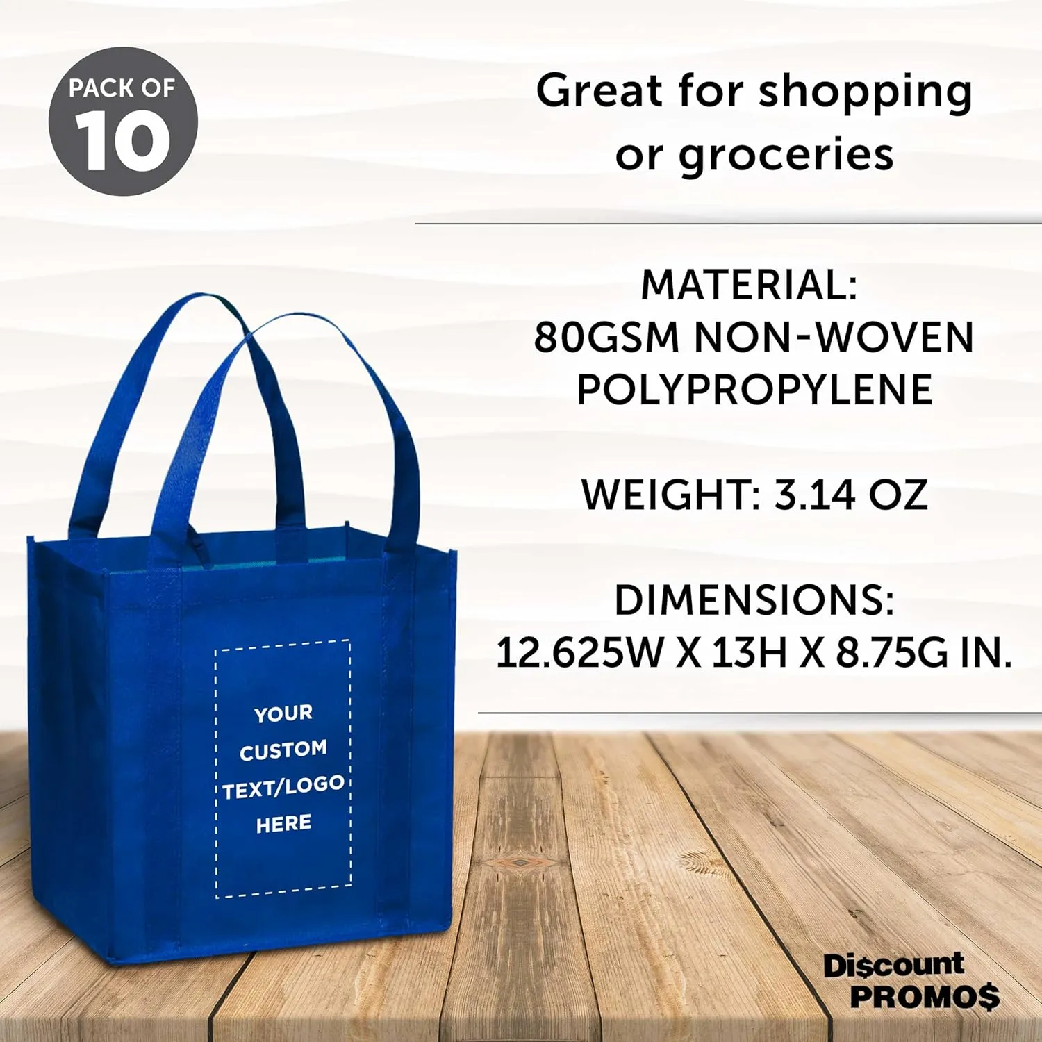 DISCOUNT PROMOS Custom Reusable Grocery Tote Bag for Shopping - 10 Pack - Personalized Logo, Text -Small Foldable Bags  Blue - 12.625"X13"X8.75"