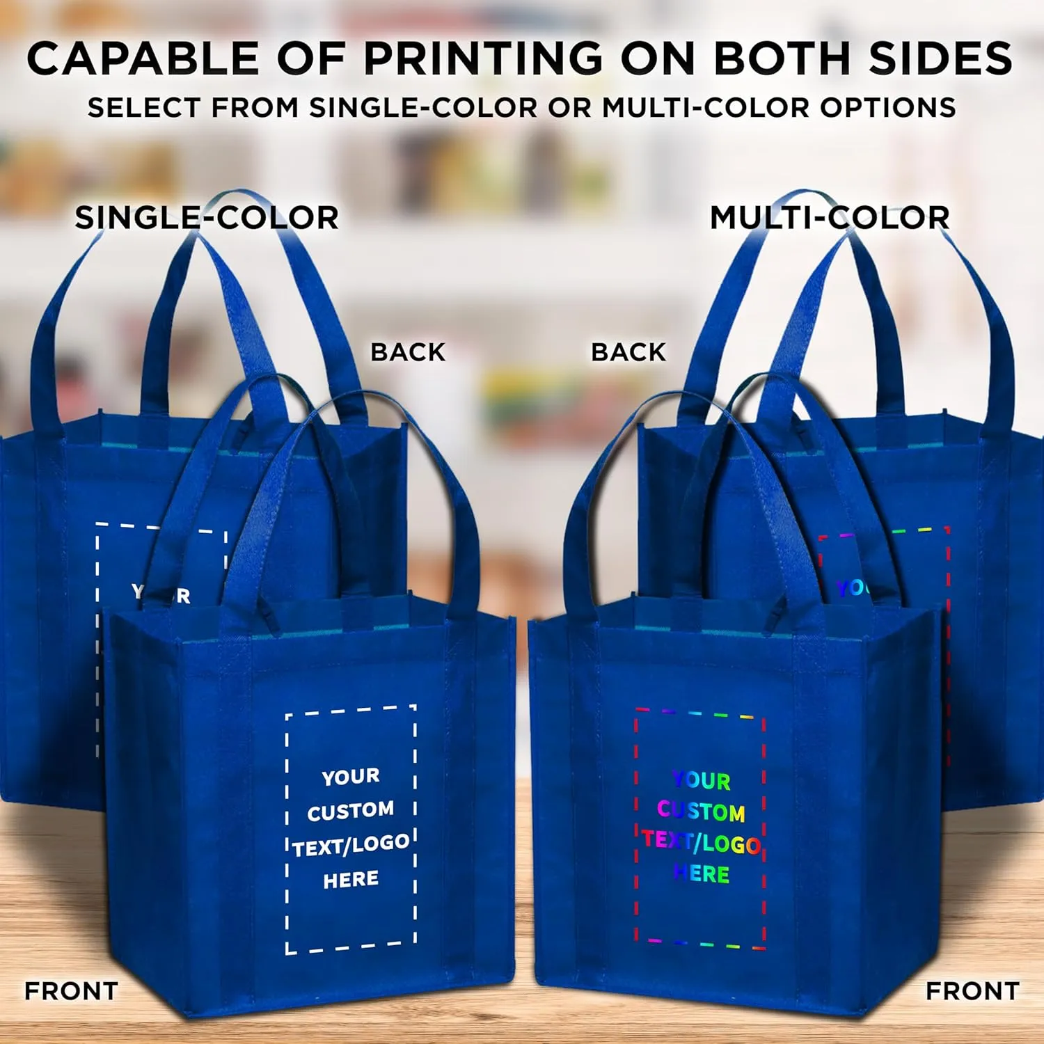 DISCOUNT PROMOS Custom Reusable Grocery Tote Bag for Shopping - 10 Pack - Personalized Logo, Text -Small Foldable Bags  Blue - 12.625"X13"X8.75"