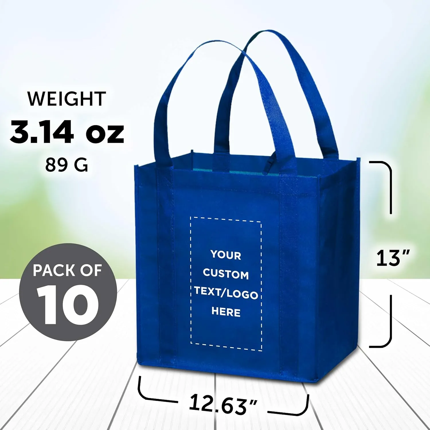 DISCOUNT PROMOS Custom Reusable Grocery Tote Bag for Shopping - 10 Pack - Personalized Logo, Text -Small Foldable Bags  Blue - 12.625"X13"X8.75"