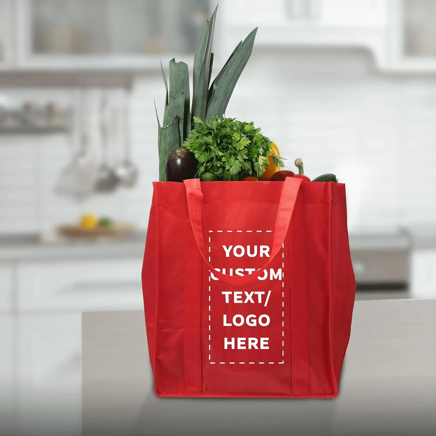 DISCOUNT PROMOS Custom Reusable Grocery Tote Bag for Shopping - 100 Pack - Personalized Logo, Text -Small Foldable Bags  Red - 12.625"X13"X8.75"