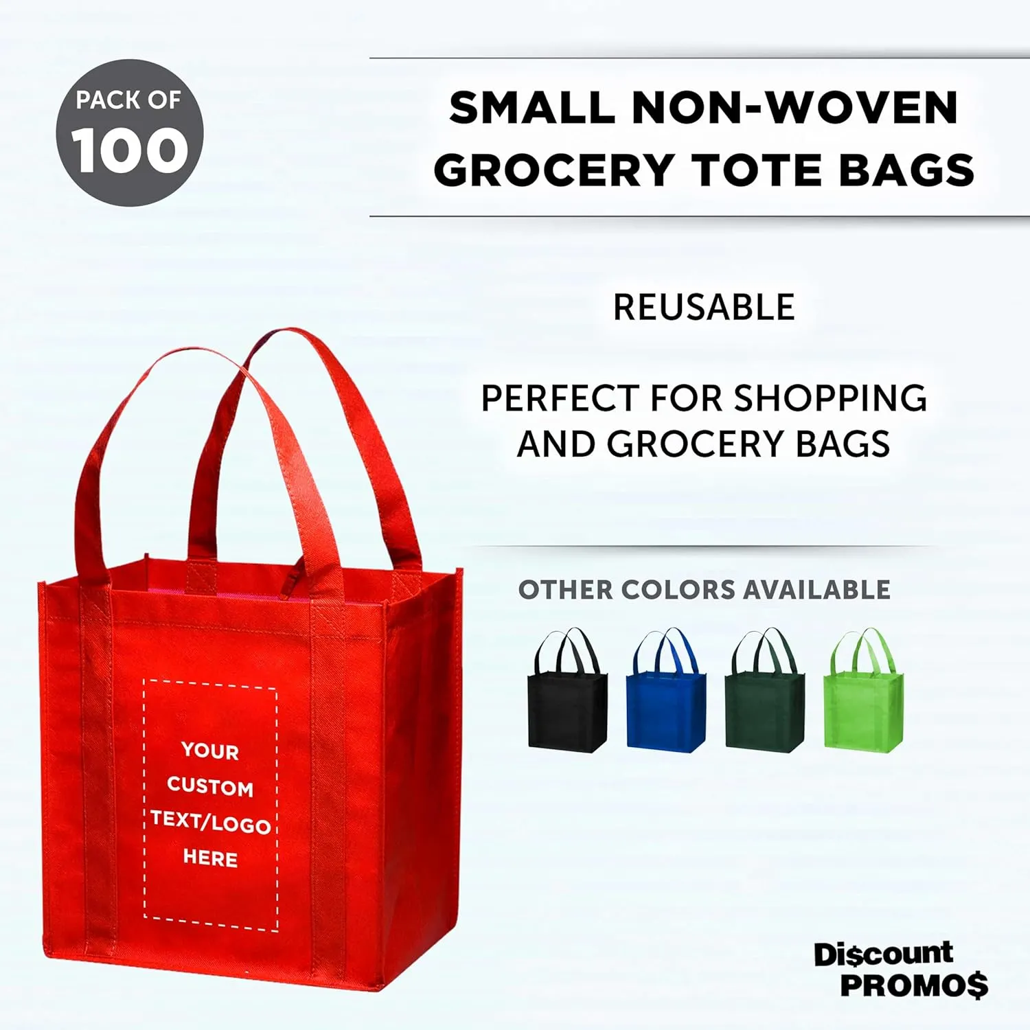 DISCOUNT PROMOS Custom Reusable Grocery Tote Bag for Shopping - 100 Pack - Personalized Logo, Text -Small Foldable Bags  Red - 12.625"X13"X8.75"