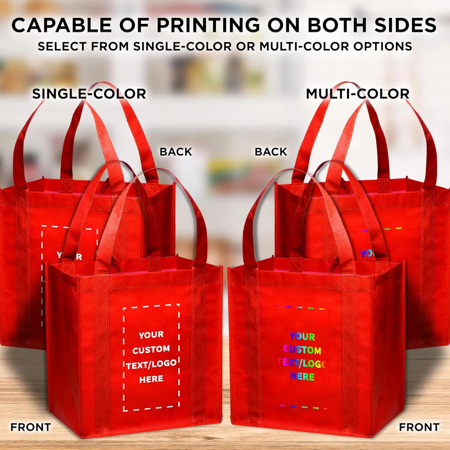 DISCOUNT PROMOS Custom Reusable Grocery Tote Bag for Shopping - 100 Pack - Personalized Logo, Text -Small Foldable Bags  Red - 12.625"X13"X8.75"