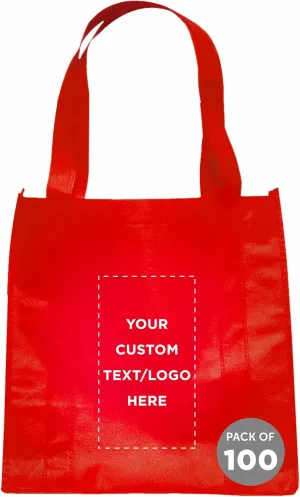 DISCOUNT PROMOS Custom Reusable Grocery Tote Bag for Shopping - 100 Pack - Personalized Logo, Text -Small Foldable Bags  Red - 12.625"X13"X8.75"