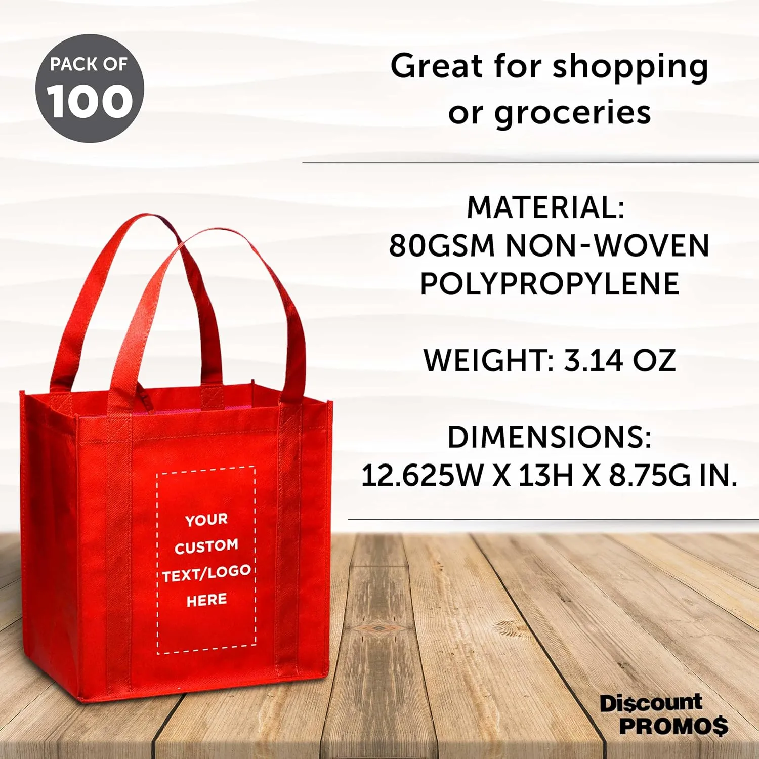 DISCOUNT PROMOS Custom Reusable Grocery Tote Bag for Shopping - 100 Pack - Personalized Logo, Text -Small Foldable Bags  Red - 12.625"X13"X8.75"