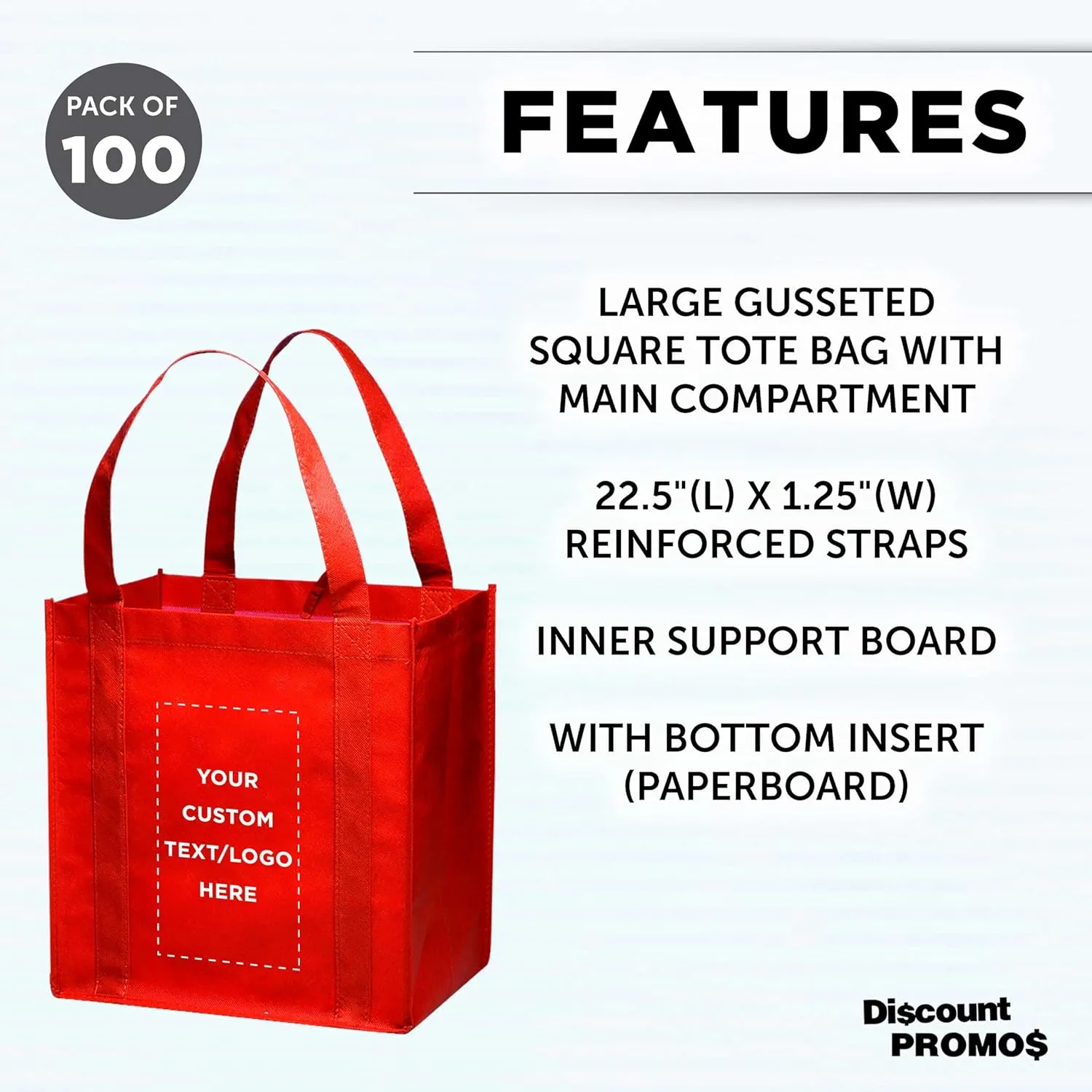DISCOUNT PROMOS Custom Reusable Grocery Tote Bag for Shopping - 100 Pack - Personalized Logo, Text -Small Foldable Bags  Red - 12.625"X13"X8.75"