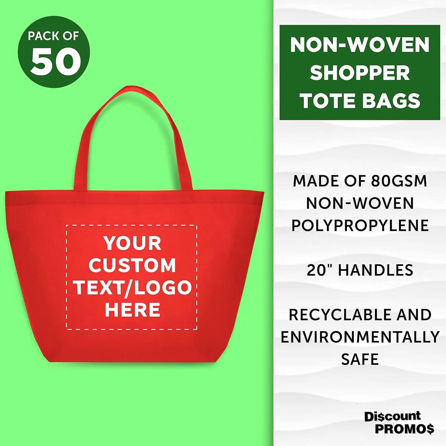 DISCOUNT PROMOS Custom Southern Style Grocery Tote Bags Set of 50 - Personalized Bulk Pack, Reusable Grocery & Shopping Bags - Great for Travel, Carry on Bag, Business Promotions - Red - 20"X13"X8"