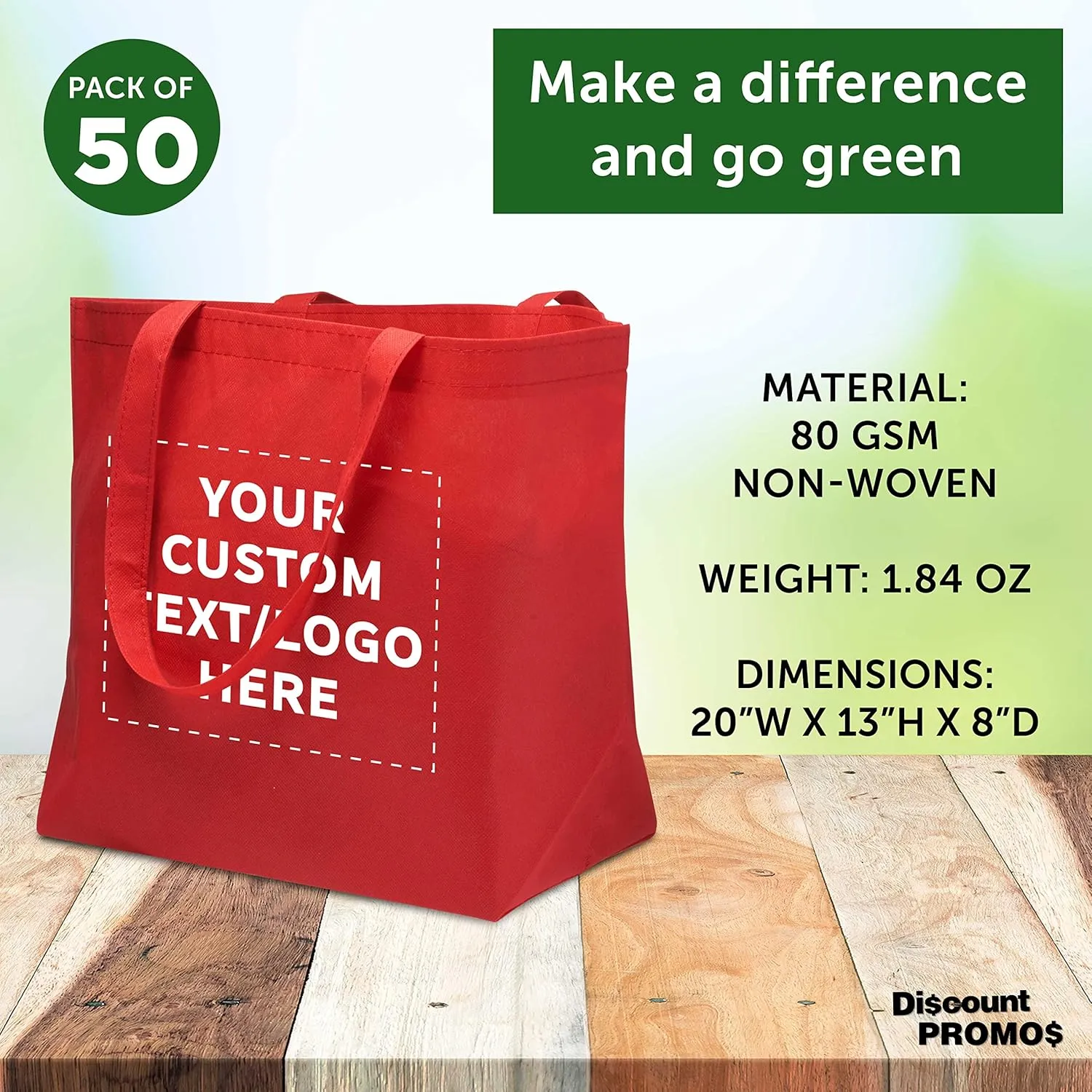 DISCOUNT PROMOS Custom Southern Style Grocery Tote Bags Set of 50 - Personalized Bulk Pack, Reusable Grocery & Shopping Bags - Great for Travel, Carry on Bag, Business Promotions - Red - 20"X13"X8"