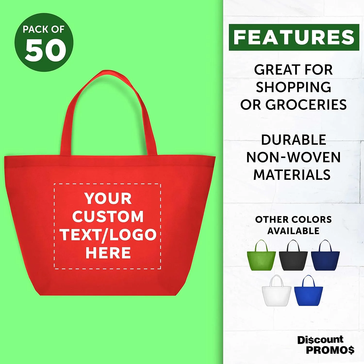 DISCOUNT PROMOS Custom Southern Style Grocery Tote Bags Set of 50 - Personalized Bulk Pack, Reusable Grocery & Shopping Bags - Great for Travel, Carry on Bag, Business Promotions - Red - 20"X13"X8"