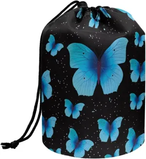 Dolyues Blue Butterfly Makeup Bag Barrel Cosmetic Bags for Women Portable Foldable Case Bucket Toiletry Bag Travel Storage Pocket Beauty Bag