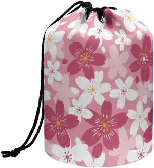Dolyues Cherry Blossom Makeup Bag Foldable Portable Drawstring Cosmetic Bags for Women Large Bucket Toiletry Bag Outdoor Travel Accessories