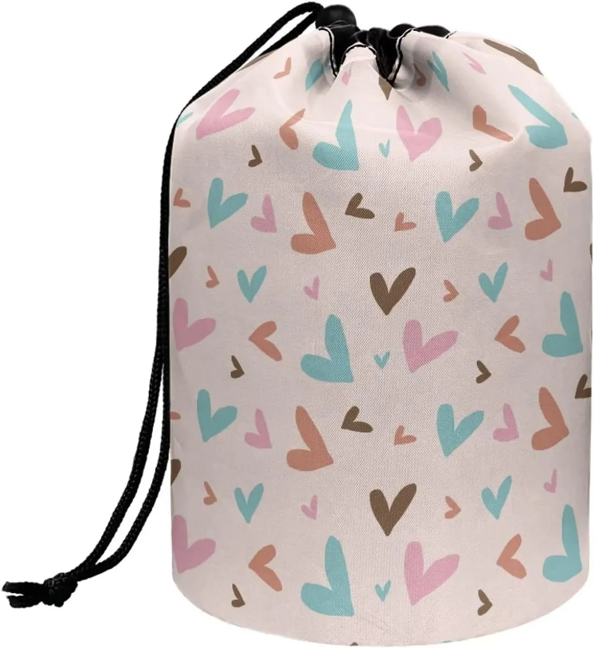 Dolyues Colorful Heart Pattern Cosmetic Bags Multifunctional Toiletry Bucket Bags Round Organizer Travel Makeup Bag for Women Portable Foldable Cases Stand-up Makeup Cup Pouch