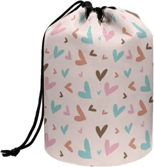Dolyues Colorful Heart Pattern Cosmetic Bags Multifunctional Toiletry Bucket Bags Round Organizer Travel Makeup Bag for Women Portable Foldable Cases Stand-up Makeup Cup Pouch