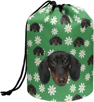Dolyues Dachshund Travel Cosmetic Bag Drawstring Barrel Makeup Bag for Women Cute Puppy Print Toiletry Bag Organizer Cute Makeup Brushes Storage Pocket Pouch