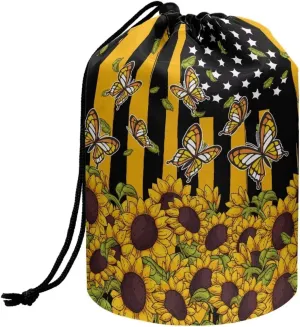 Dolyues Drawstring Cylinder Cosmetic Bag American Flag Sunflower Makeup Organizer Multifunctional Barrel Shaped Toiletry Bags Portable Travel Make Up Bag for Women