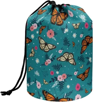Dolyues Drawstring Makeup Bag Floral Butterfly Cosmetic Pouch Bag Multifunctional Toiletry Bucket Bag Portable Barrel Shaped Bathroom Storage Pouch for Women