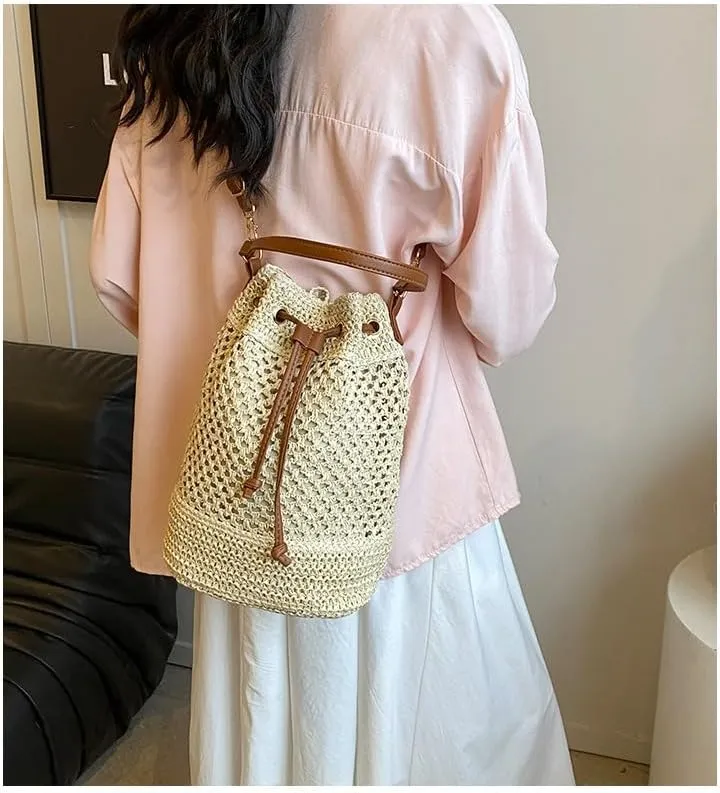 Drawstring Straw Bag Small Crossbody Purses Women Y2k Beach Crochet Bucket Bags Cute Purse Trendy 2025 Summer