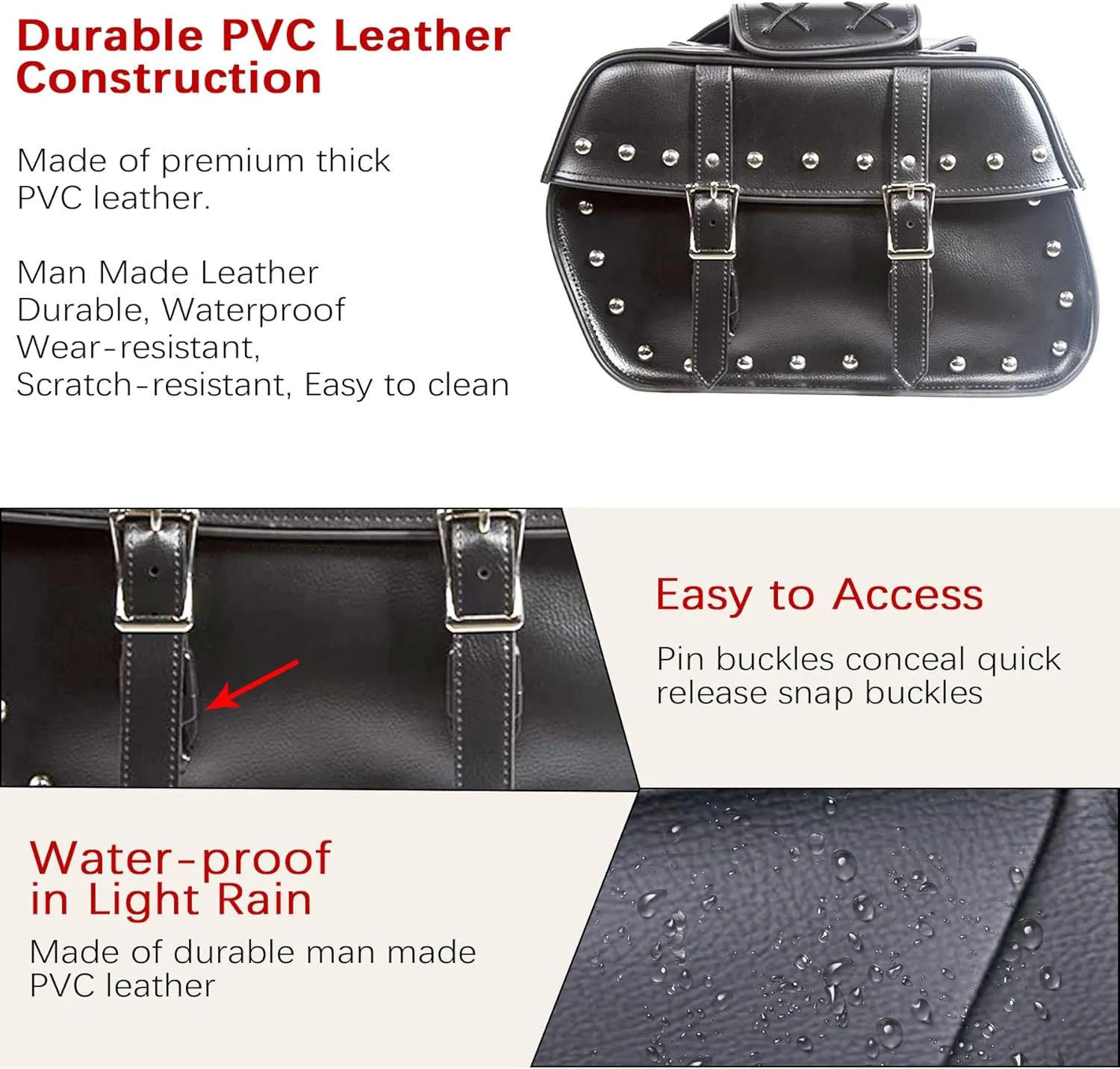 Dream Apparel Faux Leather Motorcycle Saddle Bags Studded Throw Over Saddlebags, PVC Motorcycle Side Bags for Honda Shadow Sportster Softail Dyna V-star (Black)