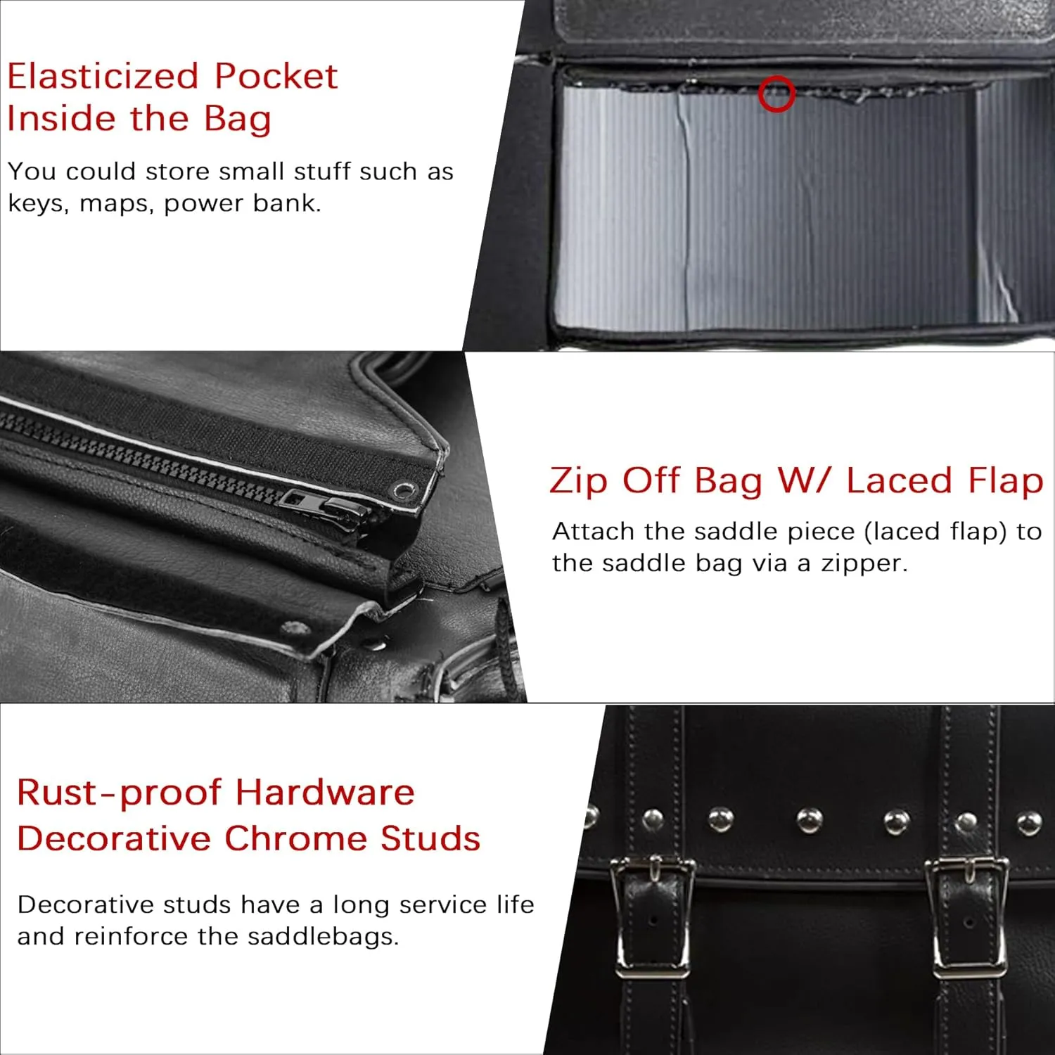 Dream Apparel Faux Leather Motorcycle Saddle Bags Studded Throw Over Saddlebags, PVC Motorcycle Side Bags for Honda Shadow Sportster Softail Dyna V-star (Black)