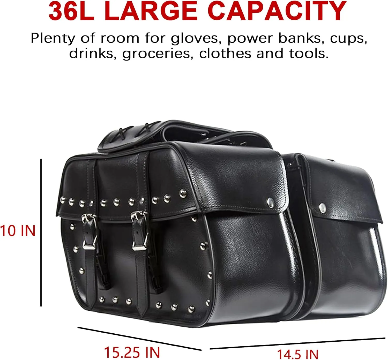 Dream Apparel Faux Leather Motorcycle Saddle Bags Studded Throw Over Saddlebags, PVC Motorcycle Side Bags for Honda Shadow Sportster Softail Dyna V-star (Black)