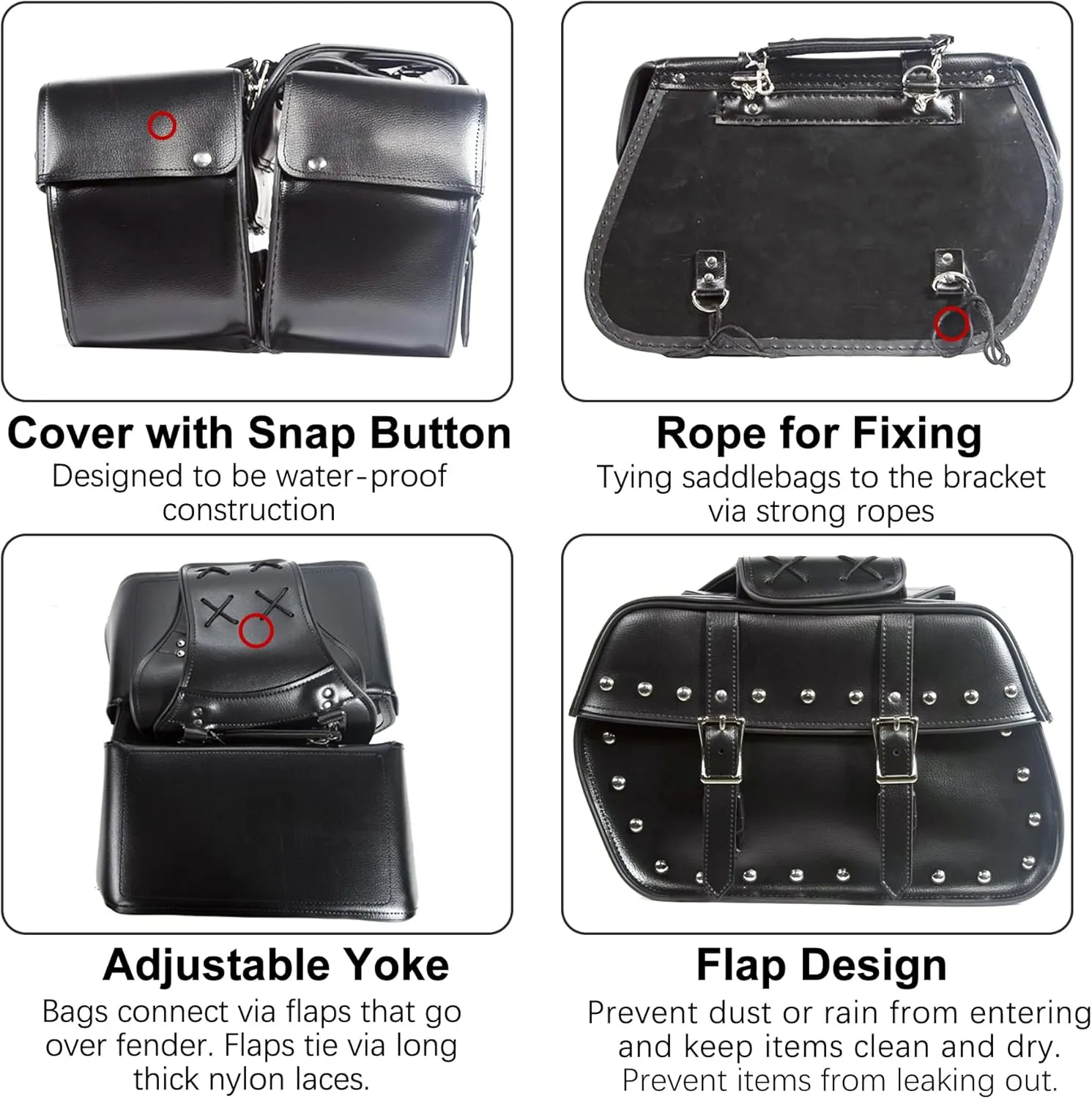 Dream Apparel Faux Leather Motorcycle Saddle Bags Studded Throw Over Saddlebags, PVC Motorcycle Side Bags for Honda Shadow Sportster Softail Dyna V-star (Black)