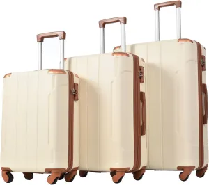 Durable 3-Piece Spinner Luggage Set with Combination Locks, Lightweight 20'', 24'', and 28'' Sizes, Brown/White