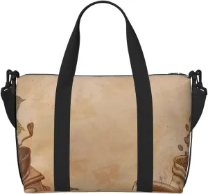 Engraved Coffee On Kraft Paper Travel Bag for Women Men Weekender Bags Carry on Overnight Bag Tote Bag Yoga Gym Bag for Gym, Work, Travel, Weekend, Personal Items