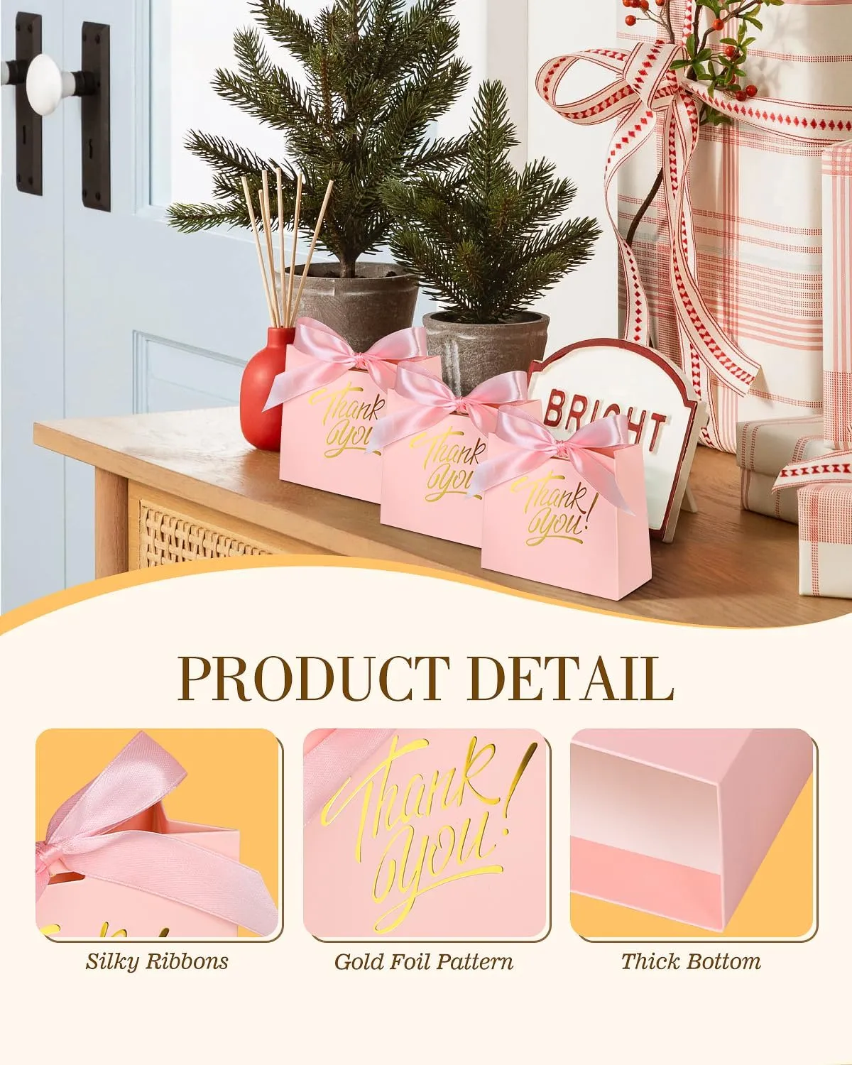 EQOREIIN Small Kraft Paper Gift Bags - 70 Pack Pink, 4.5x1.8x3.9 Inches, With Bow Ribbon - Perfect for Wedding, Birthday, Baby Shower