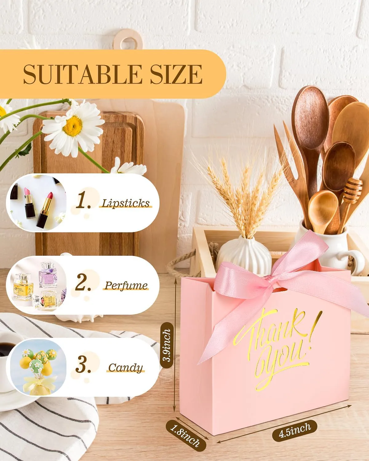 EQOREIIN Small Kraft Paper Gift Bags - 70 Pack Pink, 4.5x1.8x3.9 Inches, With Bow Ribbon - Perfect for Wedding, Birthday, Baby Shower