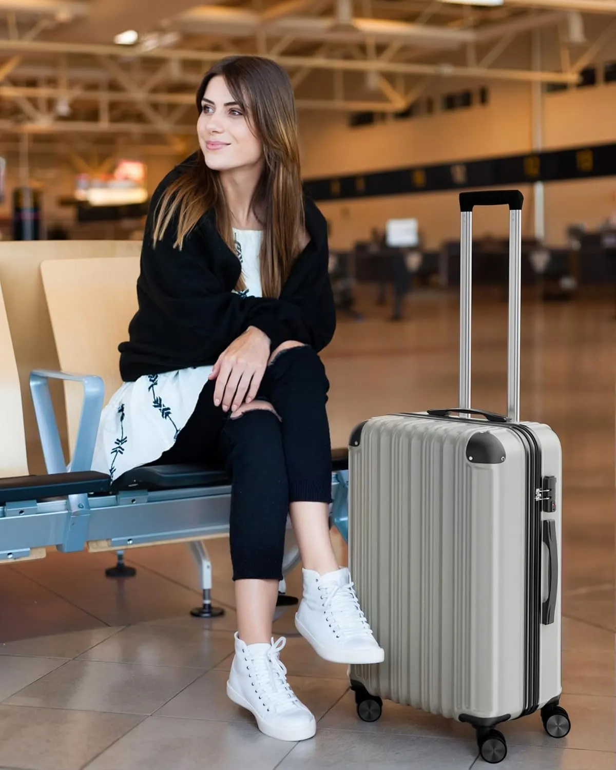 Expandable Luggage Sets 3 Piece Set, Hard Shell Spinner Suitcase Set, 20/24/28In Carry-on and Checked Luggage(White)