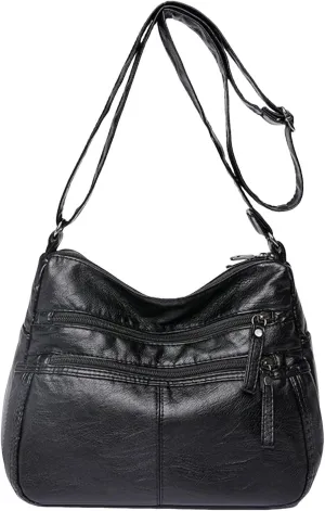 Fashion Casual Women's Retro Soft Leather Zipper Double Pocket Shoulder Messenger Bags Rustic Shoulder (Black, One Size)