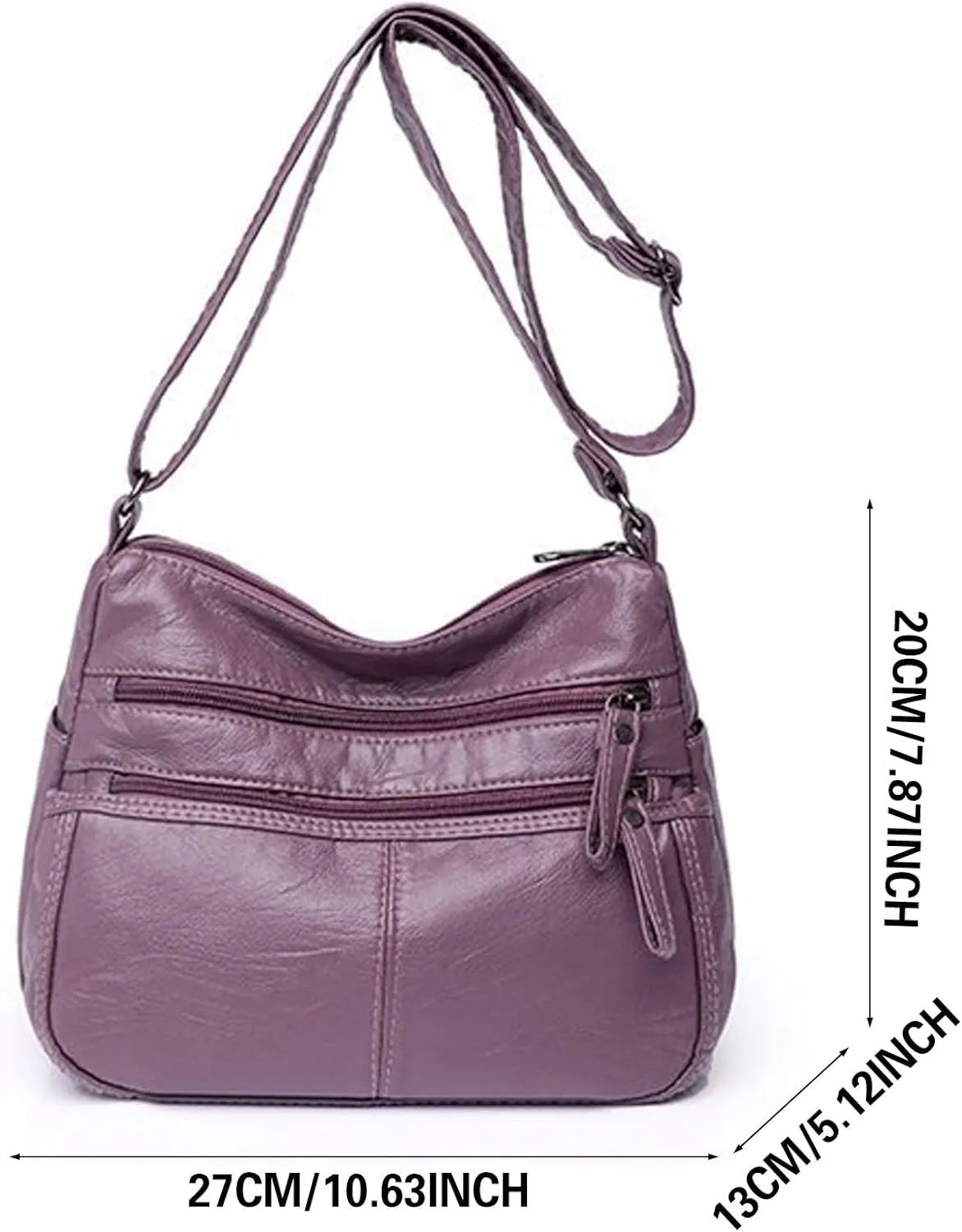 Fashion Casual Women's Retro Soft Leather Zipper Double Pocket Shoulder Messenger Bags Rustic Shoulder (Black, One Size)