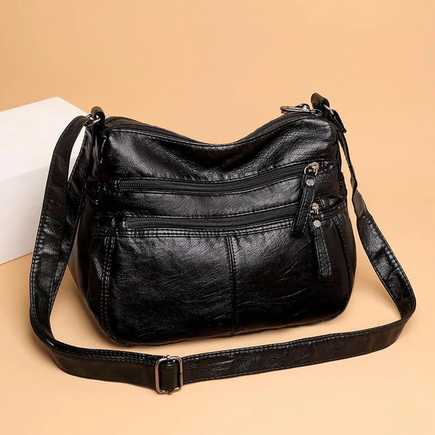 Fashion Casual Women's Retro Soft Leather Zipper Double Pocket Shoulder Messenger Bags Rustic Shoulder (Black, One Size)