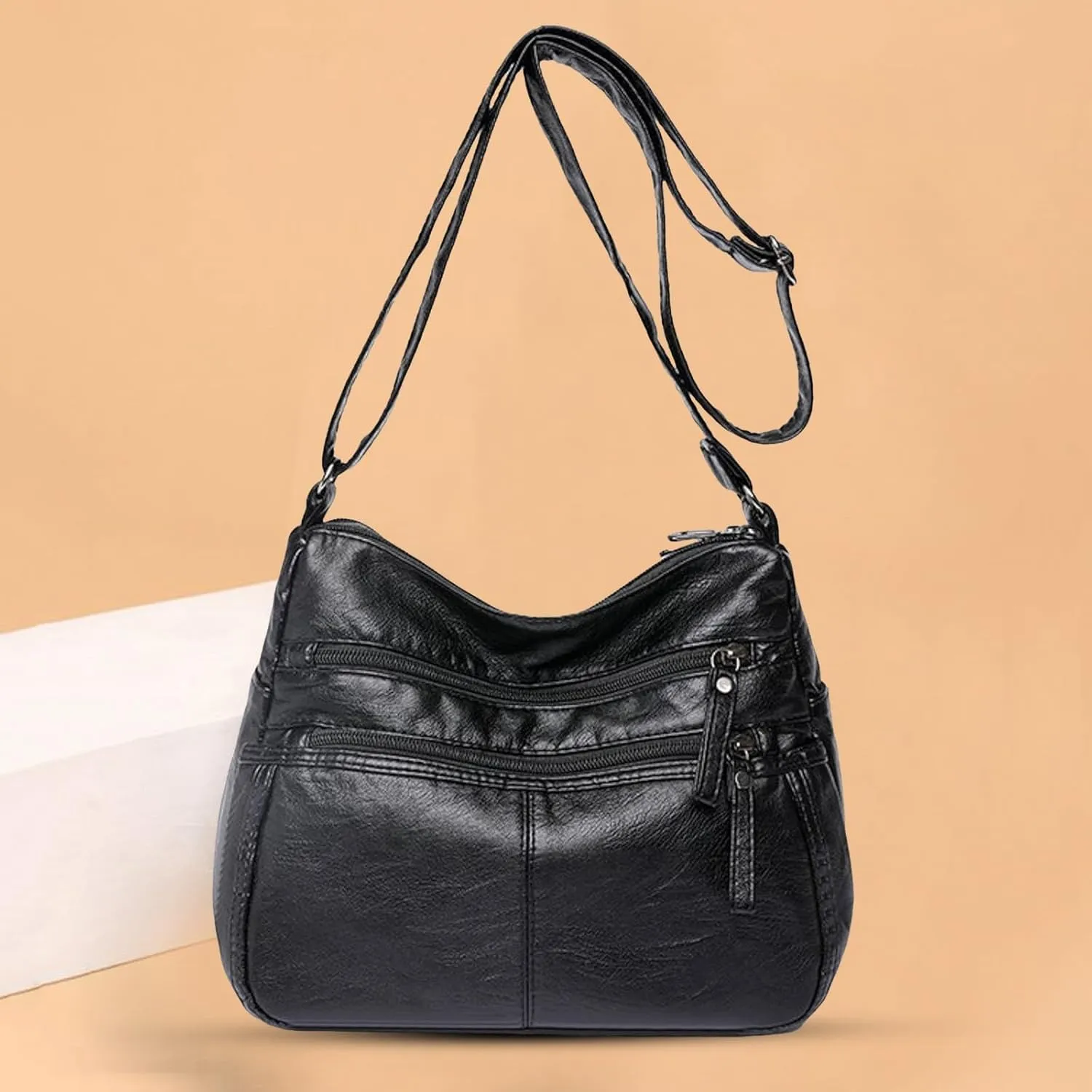 Fashion Casual Women's Retro Soft Leather Zipper Double Pocket Shoulder Messenger Bags Rustic Shoulder (Black, One Size)