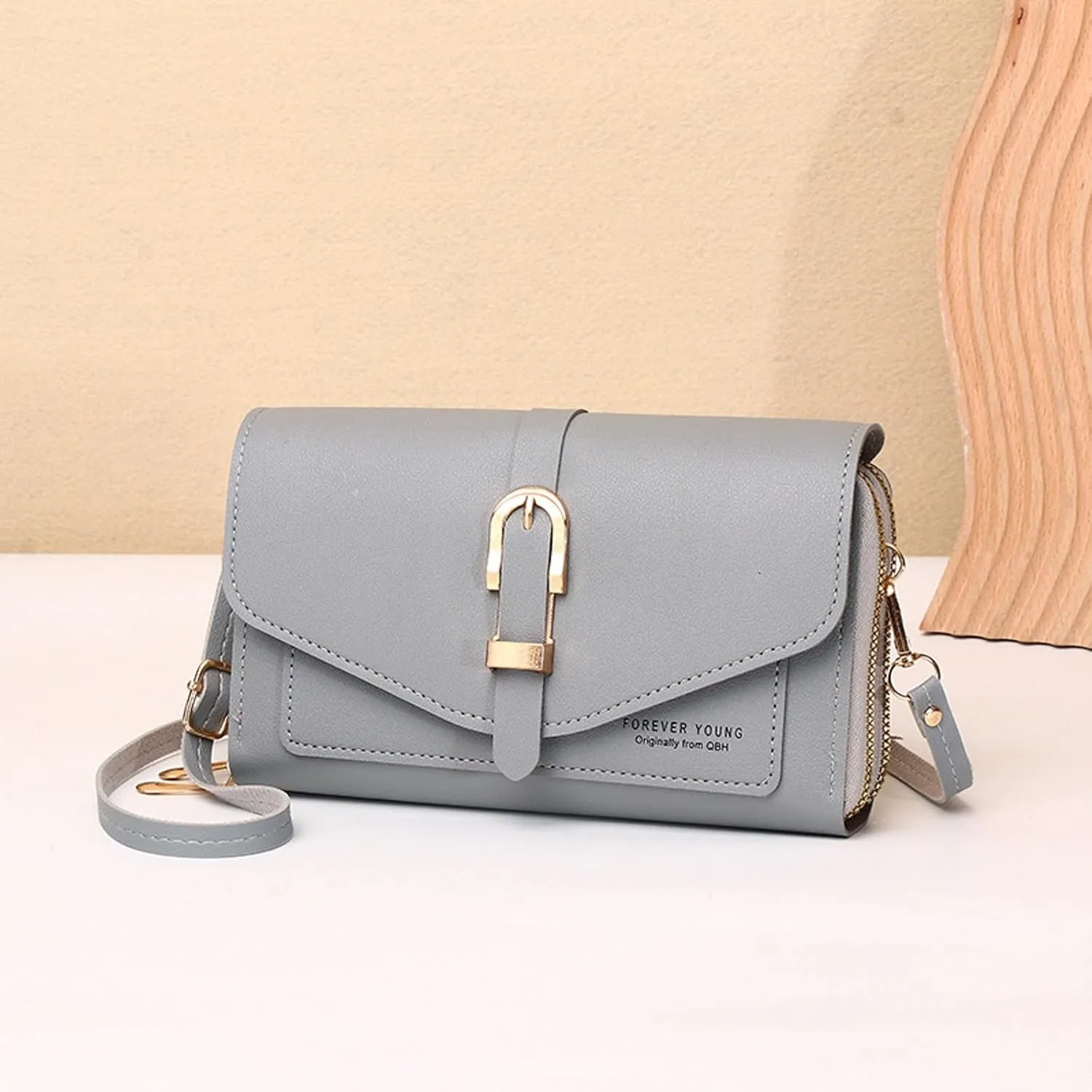 Fashion Classic Women's Mobile Phone Bag Snap Button Hood One Shoulder Double Layer Wallet Crossbody (Grey, One Size)